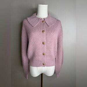 NWT - Soft Pink Ribbed Button-Up Sweater with Scalloped Collar